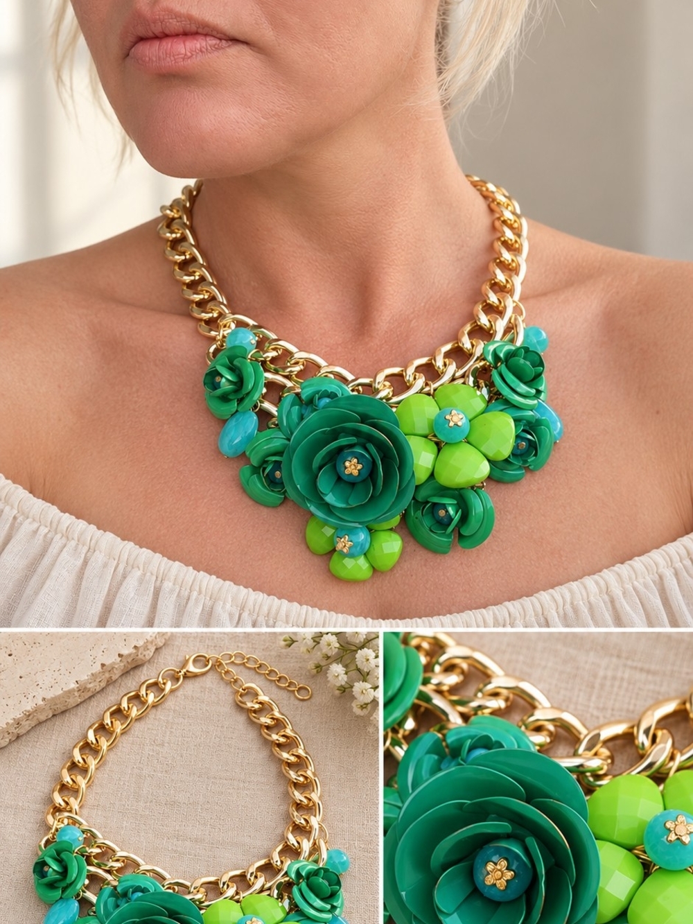 Green Floral Statement Necklace - Gold Chain
